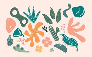 verlässt Kaktusfelsenelemente organische Formen Hintergrundvektor. skandinavische Kunst doodle botanische handgezeichnete Sammlung. großer Satz dekorative zeitgenössische Zeichnung nahtlose tropische Druckpflanzentapete vektor