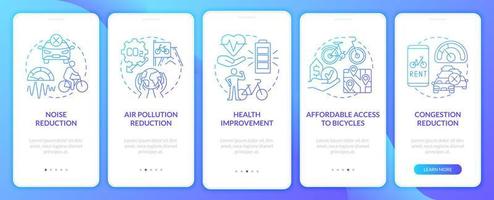 Auswirkungen des Fahrrad-Sharing-Programms auf das Onboarding des Bildschirms der mobilen App-Seite. Walkthrough zur Geräuschreduzierung in 5 Schritten, grafische Anweisungen mit Konzepten. ui, ux, gui-Vektorvorlage mit linearen Farbillustrationen vektor