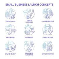 kleine Unternehmen Startkonzept Icons Set. moderne Instrumente des Startup-Boostings. Marketing- und Geschäftsstrategieidee dünne Farbillustrationen. Vektor isolierte Umrisszeichnungen