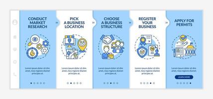 Startup-Boosting-Tipps Onboarding-Vektorvorlage. Genehmigungen beantragen. Responsive mobile Website mit Symbolen. Webseiten-Walkthrough-Bildschirme in 5 Schritten. Farbkonzept für kleine Unternehmen mit linearen Illustrationen vektor