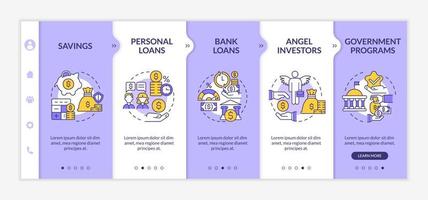 Onboarding-Vektorvorlage für das Geschäftsinvestitionsprogramm. Bankdarlehen. Responsive mobile Website mit Symbolen. Webseiten-Walkthrough-Bildschirme in 5 Schritten. Banking-Farbkonzept mit linearen Illustrationen vektor