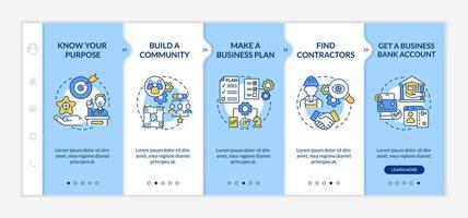 kleine Unternehmen starten Tipps zum Onboarding von Vektorvorlagen. Responsive mobile Website mit Symbolen. Webseiten-Walkthrough-Bildschirme in 5 Schritten. Startup-Farbkonzept mit linearen Illustrationen vektor