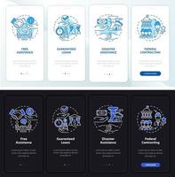 Bildschirm für die Onboarding-Seite der mobilen App für Behörden und Unternehmen. Startup Walkthrough 4 Schritte grafische Anweisungen mit Konzepten. ui, ux, gui-Vektorvorlage mit linearen Nacht- und Tagmodus-Illustrationen vektor