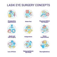 Lasik Augenchirurgie Konzepte Konzept Icons Set. Verbesserung der Sehkraft. Augenarzt Vision Behandlung Idee dünne Linie Farbillustrationen. Vektor isolierte Umrisszeichnungen. bearbeitbarer Strich