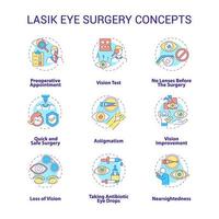 LASIK ögonkirurgi koncept koncept ikoner set. synförbättring. ögonläkare syn behandling idé tunn linje färg illustrationer. vektor isolerade konturritningar. redigerbar linje
