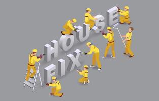 Haus reparieren. Arbeiter installieren isometrische Buchstaben. Team von Baumeistern. vektor