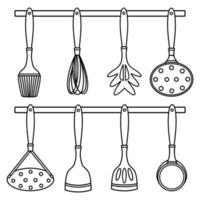 köksredskap vektor set. handritad illustration isolerad på vit bakgrund. besticksamling för matlagning - spatel, slev, skummare, visp, potatiskross, spagettisked. monokrom skiss