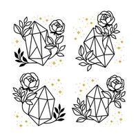 Satz von handgezeichneten magischen Kristallelementen mit Rosenblüte, Blattzweig vektor