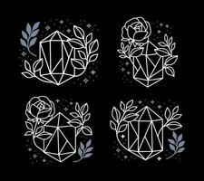 Satz von handgezeichneten magischen Kristallelementen mit Rosenblüte, Blattzweig