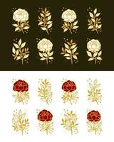 uppsättning handritade vintagepioner, rosblommor och blommiga lövgren linjekonst feminina logotypelement vektor