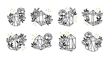 Satz von handgezeichneten magischen Kristallelementen mit Rosenblüte, Blattzweig