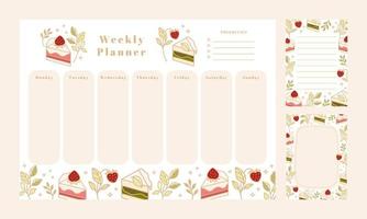 Wochenplaner, tägliche Aufgabenliste, Notizblockvorlagen, Schulplaner mit handgezeichnetem Kuchen, Blumen- und Erdbeerelementen vektor