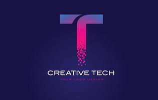 t Logo-Design mit Anfangsbuchstaben und digitalen Pixeln in blau-violetten Farben. vektor