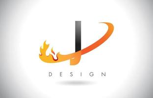 j Letter Logo mit Feuerflammen-Design und orangefarbenem Swoosh. vektor