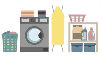 Waschküche mit Aufbewahrungsbox. saubere Kleidung in der Waschmaschine. Kellerorganisation im Inneren vektor
