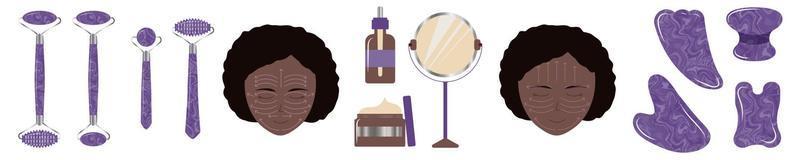 svart ung flicka använder ametist guasha och lila ädelsten roller. ansiktsmassage instruktioner för hudvård hemma. vektor
