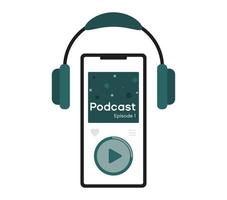 grüner kabelloser Kopfhörer isoliert. Podcast mit App anhören, Play-Button klicken. smarte Technologie für Interview, Broadcast und Newsstreaming. vektor