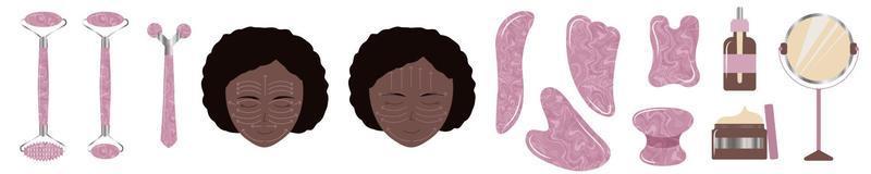 ansiktsmassage anvisningar för svart ung kvinna. kvinnlig hudvård med olja, jaderoller och rosékvartsguasha. ädelstensbehandling vektor