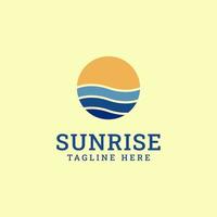 Sonnenaufgang-Logo-Design mit Sonnen- und Strandillustration vektor