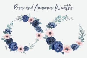 kransar av blå rosor och anemoner blommor i akvarell stil vektor