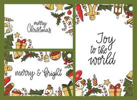 Weihnachtssatz von drei Grußkarten, Postern, Drucken, Einladungen, Vorlagen verziert mit Schriftzugzitaten, Kritzeleien auf weißem Hintergrund. eps 10 vektor