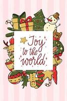 jul bokstäver citat "glädje till världen" dekorerad med bård av doodles på randig bakgrund. bra för affischer, tryck, kort, inbjudningar, skyltar, banderoller, mallar, etc. eps 10 vektor