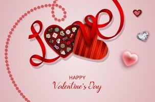 Alla hjärtans dag bakgrund med chokladask, rött band och hjärtan vektor