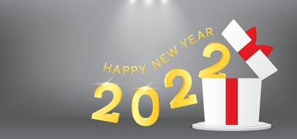 Frohes neues Jahr 2022 mit einem einzigartigen Stil, der aus einem Geschenk kommt. 2022 goldene Nummer auf grauem Studio mit Lichtern vektor