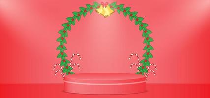 julbakgrund med julkrans, gyllene klocka, godisrör och röd podium. vektor bakgrund