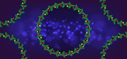 Weihnachtshintergrund mit blauem Bokeh-Licht und Weihnachtskranz, Lichtdekorationen, Süßigkeitenrahmen und goldenem Text. Vektor-Hintergrund