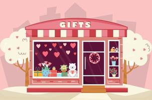 Geschenkeladen mit Valentinstagsdekoration. Valentinstag-Schaufenster mit Geschenken. Blumenstrauß, Geschenkboxen, Herzen. Vektor-Illustration im flachen Stil. vektor