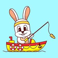 Süßes Kaninchen angeln auf einer Boot-Cartoon-Vektor-Symbol-Illustration. Tiertransport Symbol Konzept isoliert Vektor. flacher Cartoon-Stil.
