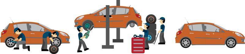 Auto-Reparatur-Service. Automechaniker in der Nähe des Autos, das auf Autolifts angehoben wurde. Vektor-Illustration vektor