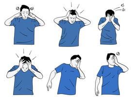 ställa en man som har huvudvärk och håller huvudet. handritad stil vektor design illustrationer