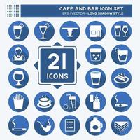 Café- und Bar-Icon-Set-Symbol im trendigen langen Schattenstil isoliert auf weichem blauem Hintergrund vektor