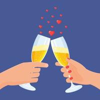 Hände halten Gläser mit Champagner. Valentinstag feiert Konzept. festliche Vektor-Illustration. vektor