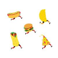 Fast-Food-Abbildung. Vektor. Charaktere Hamburger, Pizza, Hot Dog, Döner, Cheburek. Elemente für das Menü. leckeres Essen. vektor