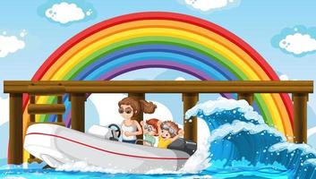 eine frau, die motorboot mit regenbogen im himmelhintergrund fährt vektor