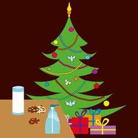 Glas Milch, Kekse auf dem Tisch. Weihnachtsbaum, Geschenke. vektor