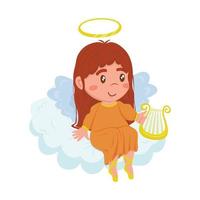 kleines süßes Engelsmädchen in einem orangefarbenen Kleid sitzt auf einer Wolke mit einer Harfe