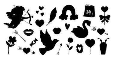 Vektor-Set von Valentinstag-Silhouetten. Sammlung süßer schwarz-weißer Charaktere und Objekte mit Liebeskonzept. Amor, Taube, Herzen und Schwäne auf weißem Hintergrund. vektor