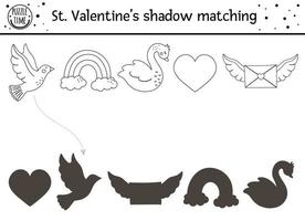 Valentinstag Schwarz-Weiß-Schatten-Matching-Aktivität für Kinder. lustiges Umriss-Puzzle mit süßen Urlaubssymbolen. pädagogisches Umrissspiel mit Liebesthema. Finden Sie das richtige Arbeitsblatt für die Silhouette. vektor