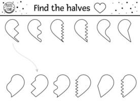 Valentinstag schwarz-weiß passende Aktivität für Kinder. lustiges Umrisspuzzle mit Herzen. Ferienfeier Lernspiel, druckbares Arbeitsblatt für Kinder mit Liebesthema. vektor