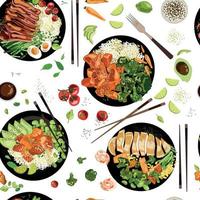 Teller mit verschiedenen gesunden Lebensmitteln nahtlose Muster, gezeichnet im handgezeichneten Cartoon-Stil, isoliert auf weißem Hintergrund Chicken Teriyaki mit Reis und Gemüse, Lachs Avocado, Steak, Ansicht von oben. Vektor