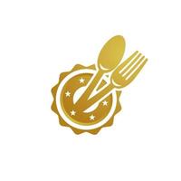 Löffel und Gabel Logo Symbol Goldband Vektor Symbol Vorlage für Essen Liebhaber oder Feinschmecker