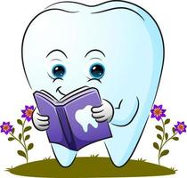 den smarta tanden läser en bok om tandvård vektor