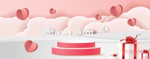 3d podium röd produktbakgrund för valentine. Rosa och hjärta kärlek romantik koncept design vektor illustation dekoration banner