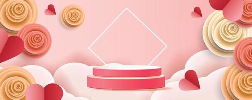 3d podium röd produktbakgrund för valentine. Rosa och hjärta kärlek romantik koncept design vektor illustation dekoration banner