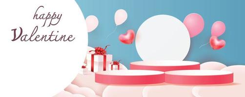 Roter Produkthintergrund des 3d Podiums für valentine.pink und Herzliebesromantik-Konzeptdesignvektorillustrationsdekorationsbanner vektor