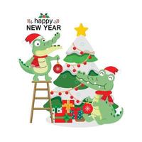 söta krokodiler som bär julhatt dekorerar julgran. vektor